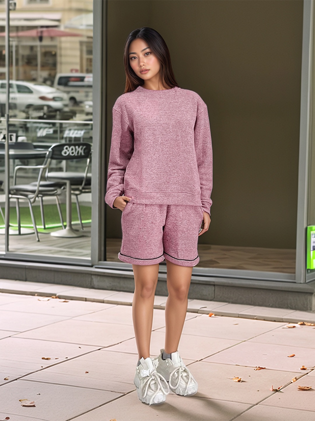 

Stylecast X Hersheinbox Women Pure Cotton Sweatshirt With Shorts Co-ords Set, Mauve