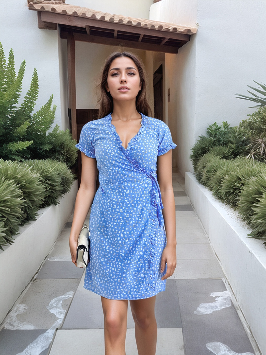 

Stylecast X Hersheinbox Floral Print Ruffled & Knot Detail Mini Wrap Dress, Blue