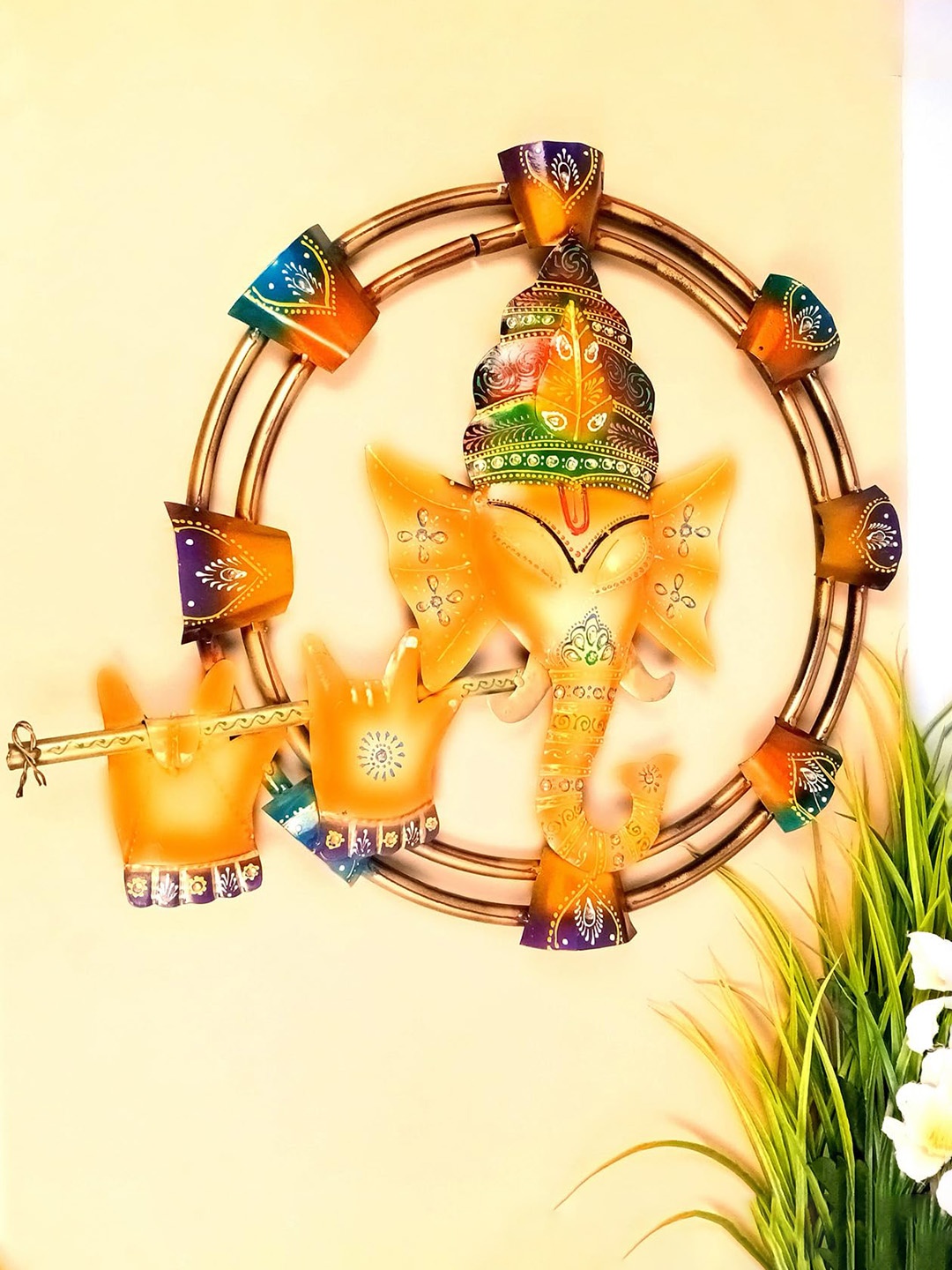 

apka mart Orange & Green Ganesha Metal Wall Decor