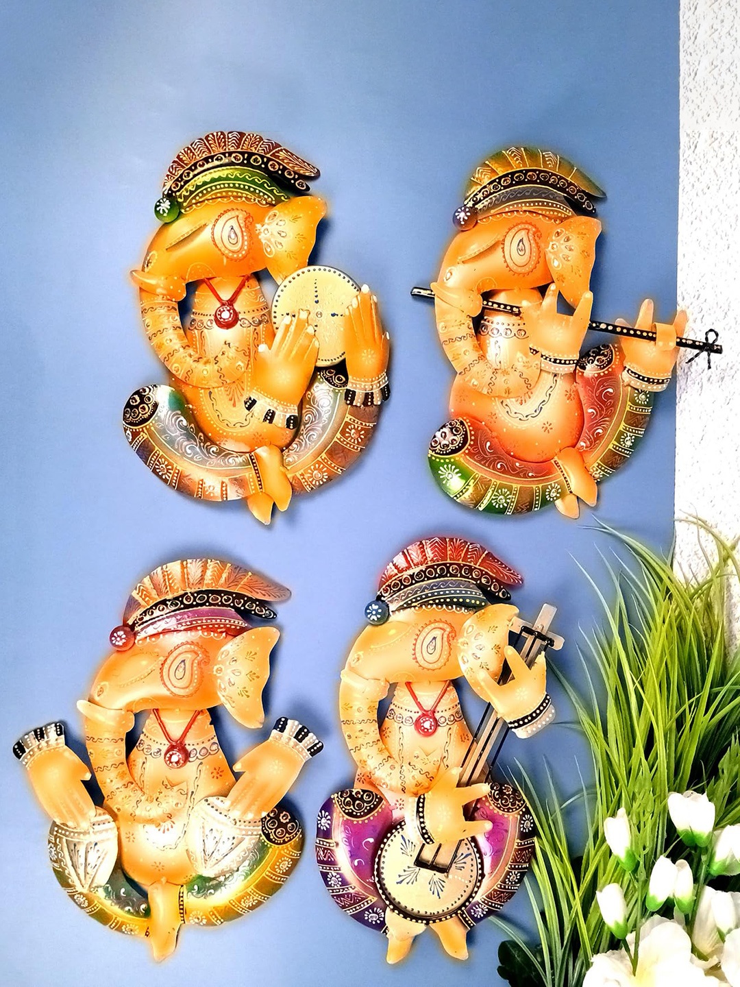 

apka mart Set Of 4 Orange Ganesh Wall Hangings