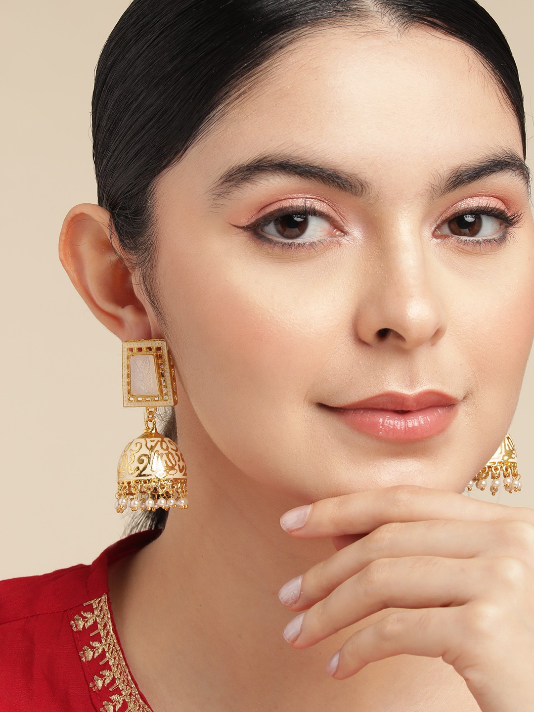 

Anouk Gold-Plated Beaded Dome Shaped Jhumkas Earrings, White