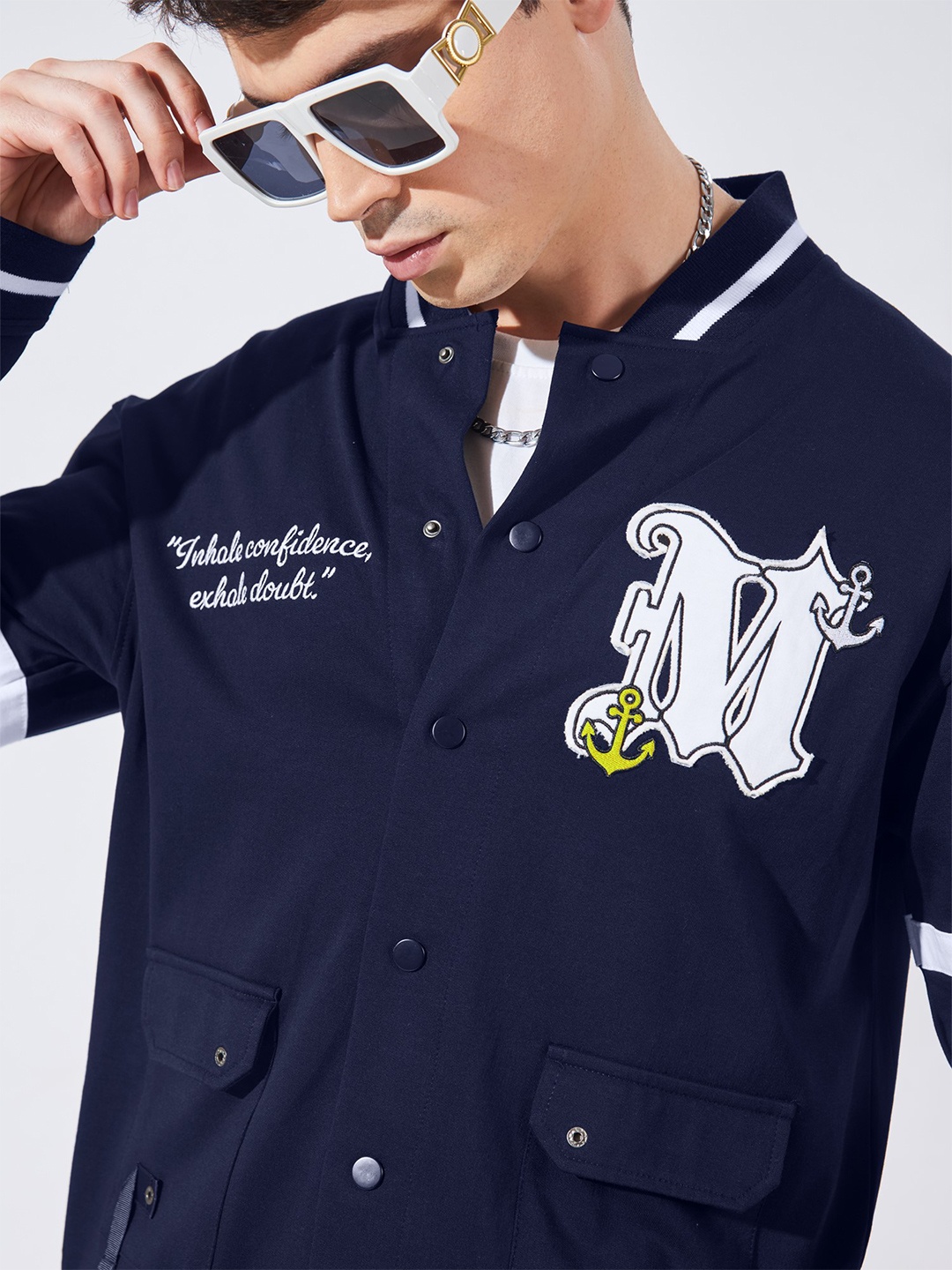 

Maniac Men Typography Varsity Jacket, Navy blue