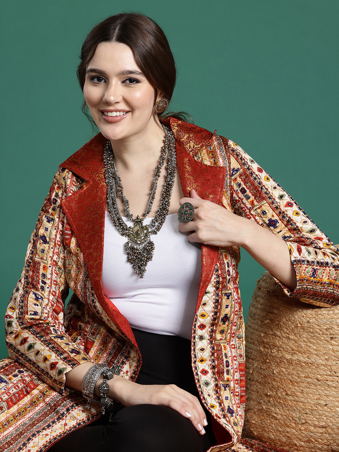 

Sangria Ethnic Printed Open Front Overcoat, Multi