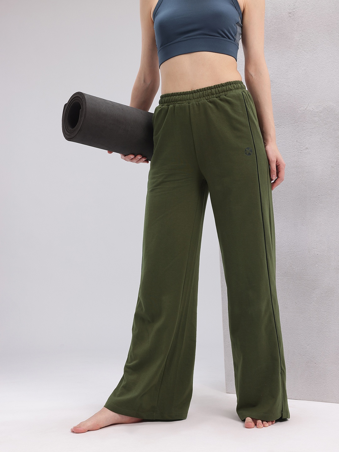 

HRX by Hrithik Roshan Women Wide Leg Yoga Track Pants with Hem Slits, Olive