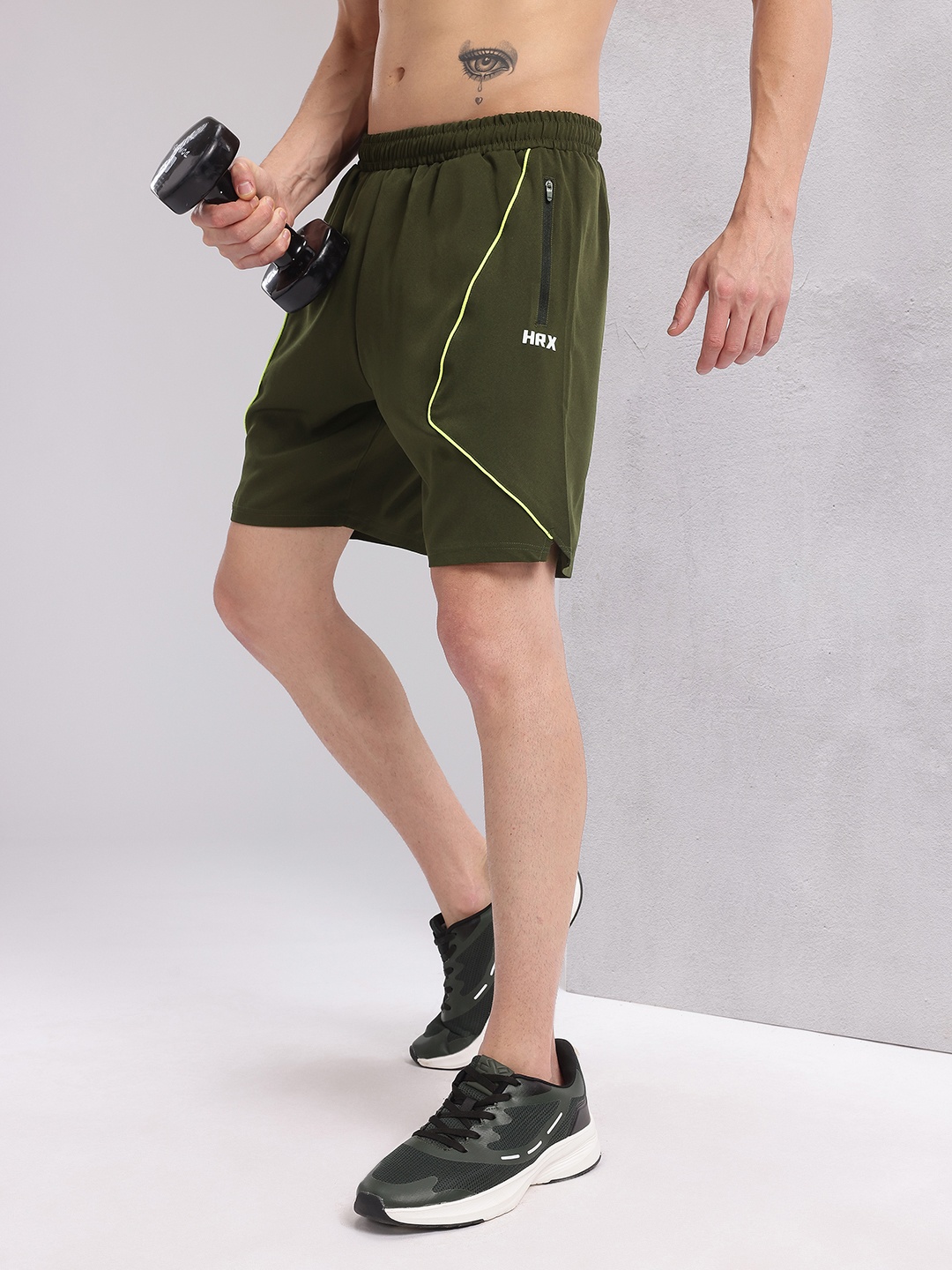 

HRX by Hrithik Roshan Men Brand Logo Print Detail Training Shorts with Contrast Piping, Olive