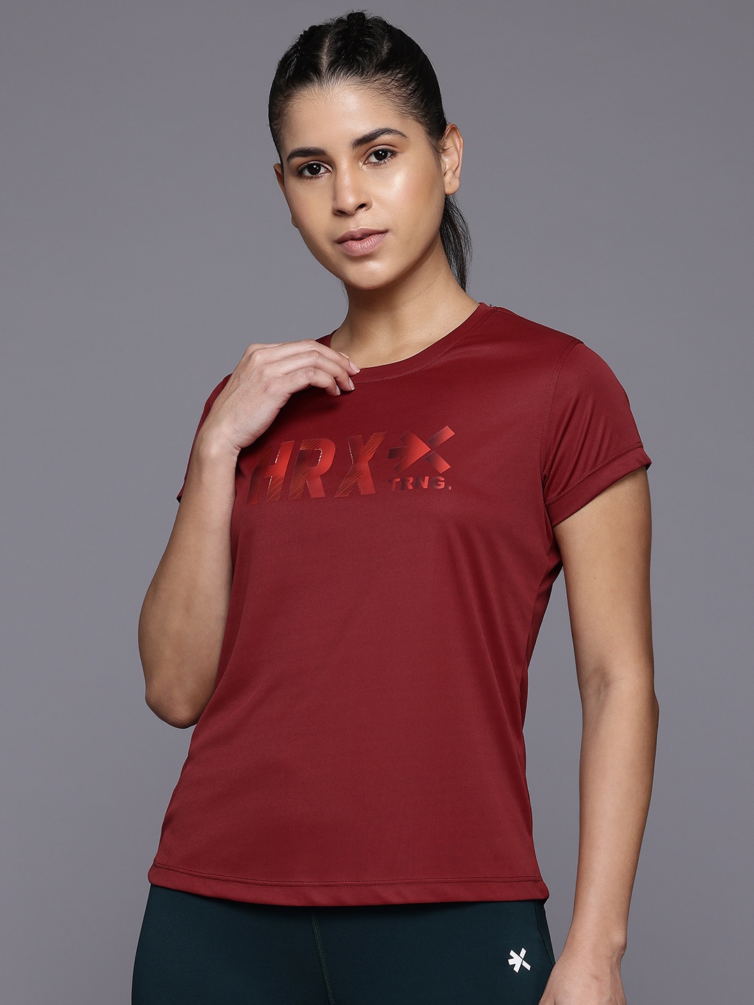 

HRX by Hrithik Roshan Women Brand Logo Printed Training Rapid-Dry T-shirt, Maroon