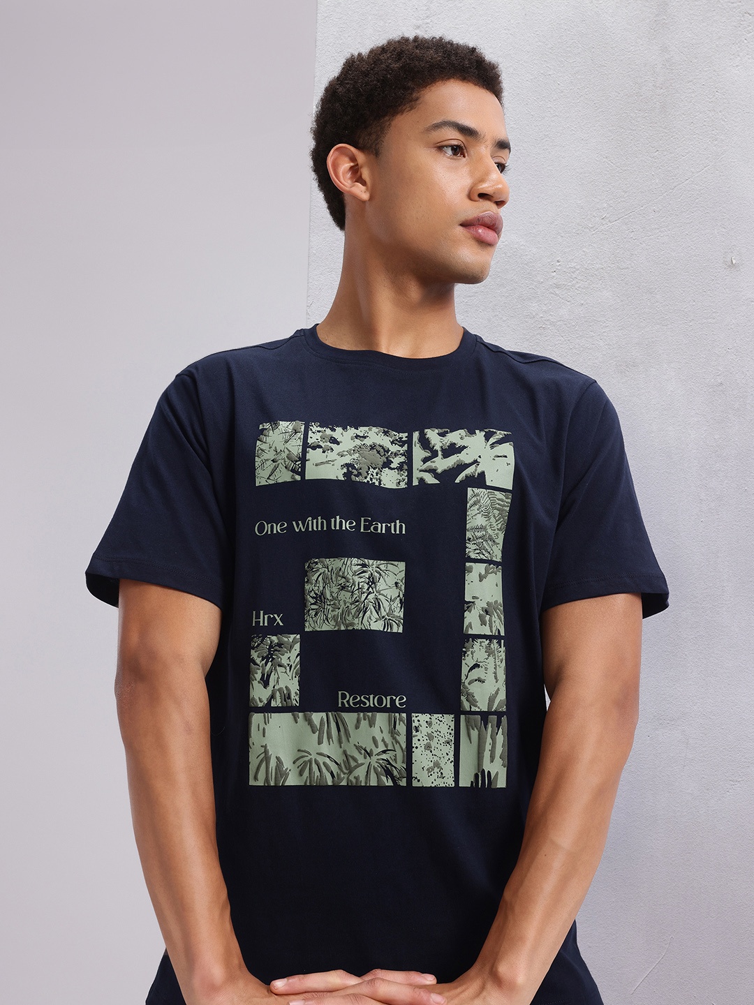 

HRX by Hrithik Roshan Men Typography Printed Pure Cotton Yoga T-shirt, Navy blue