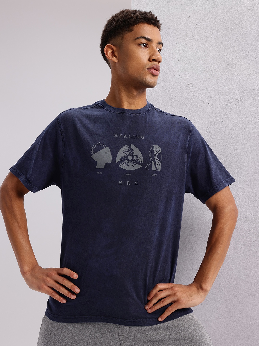 

HRX by Hrithik Roshan Printed Pure Cotton Yoga T-shirt, Navy blue
