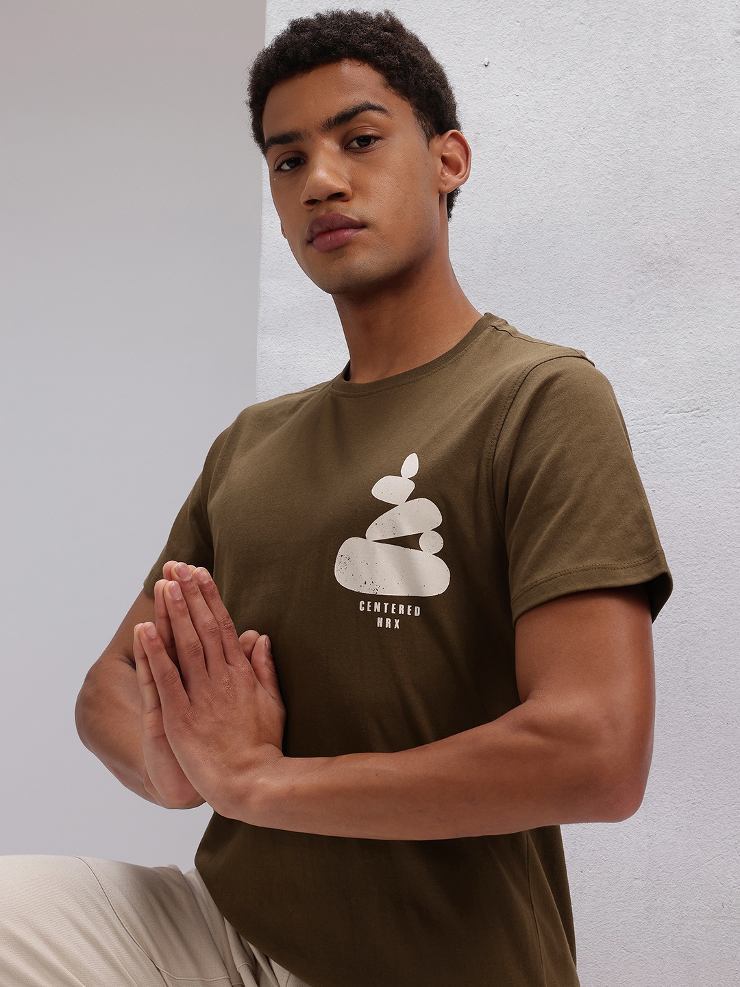 

HRX by Hrithik Roshan Printed Pure Cotton Yoga T-shirt, Olive
