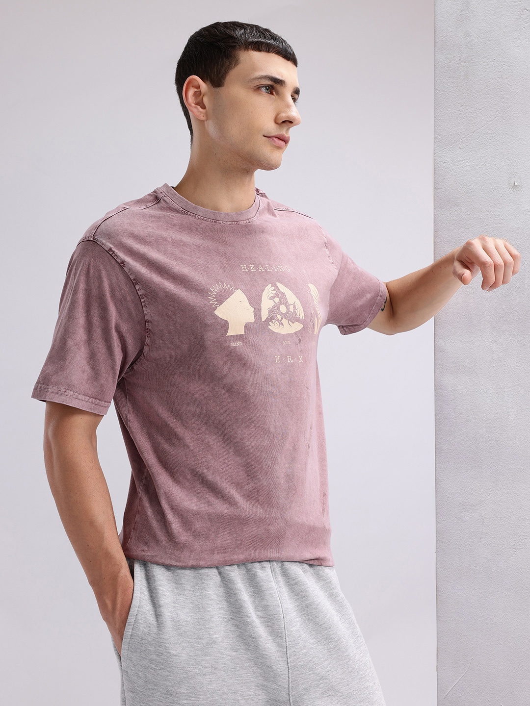 

HRX by Hrithik Roshan Men Printed Pure Cotton Yoga T-shirt, Mauve