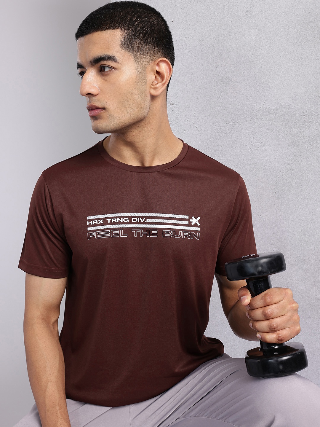 

HRX by Hrithik Roshan Rapid-Dry Brand Logo Printed Longline Training T-shirt, Brown