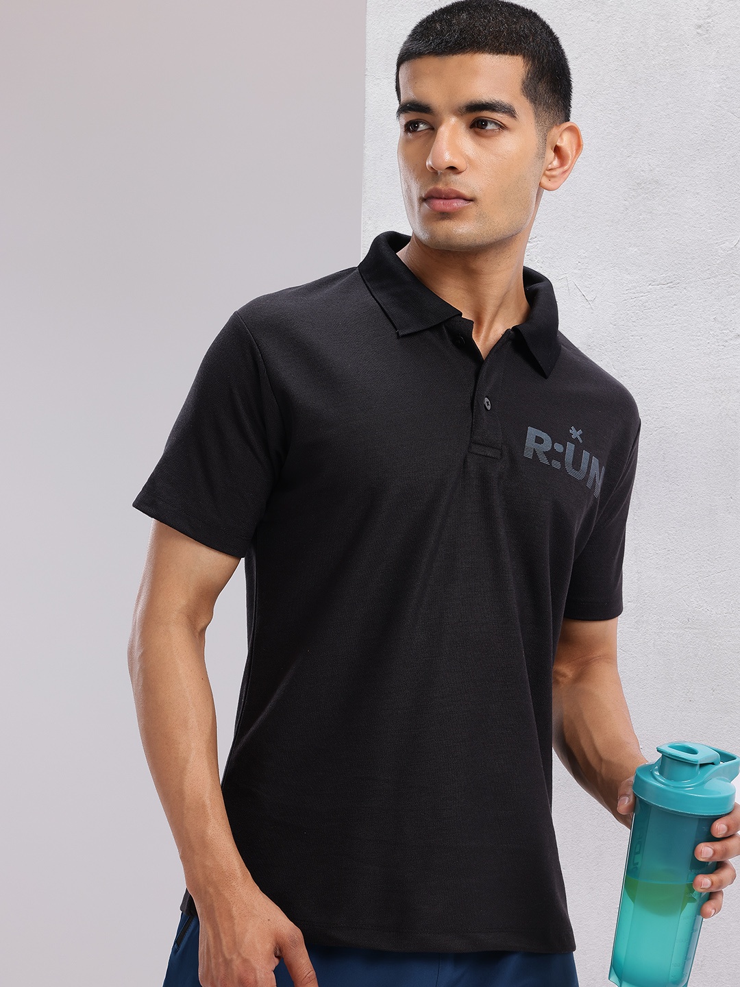 HRX by Hrithik Roshan Typography Printed Polo Collar Running T-shirt, Black