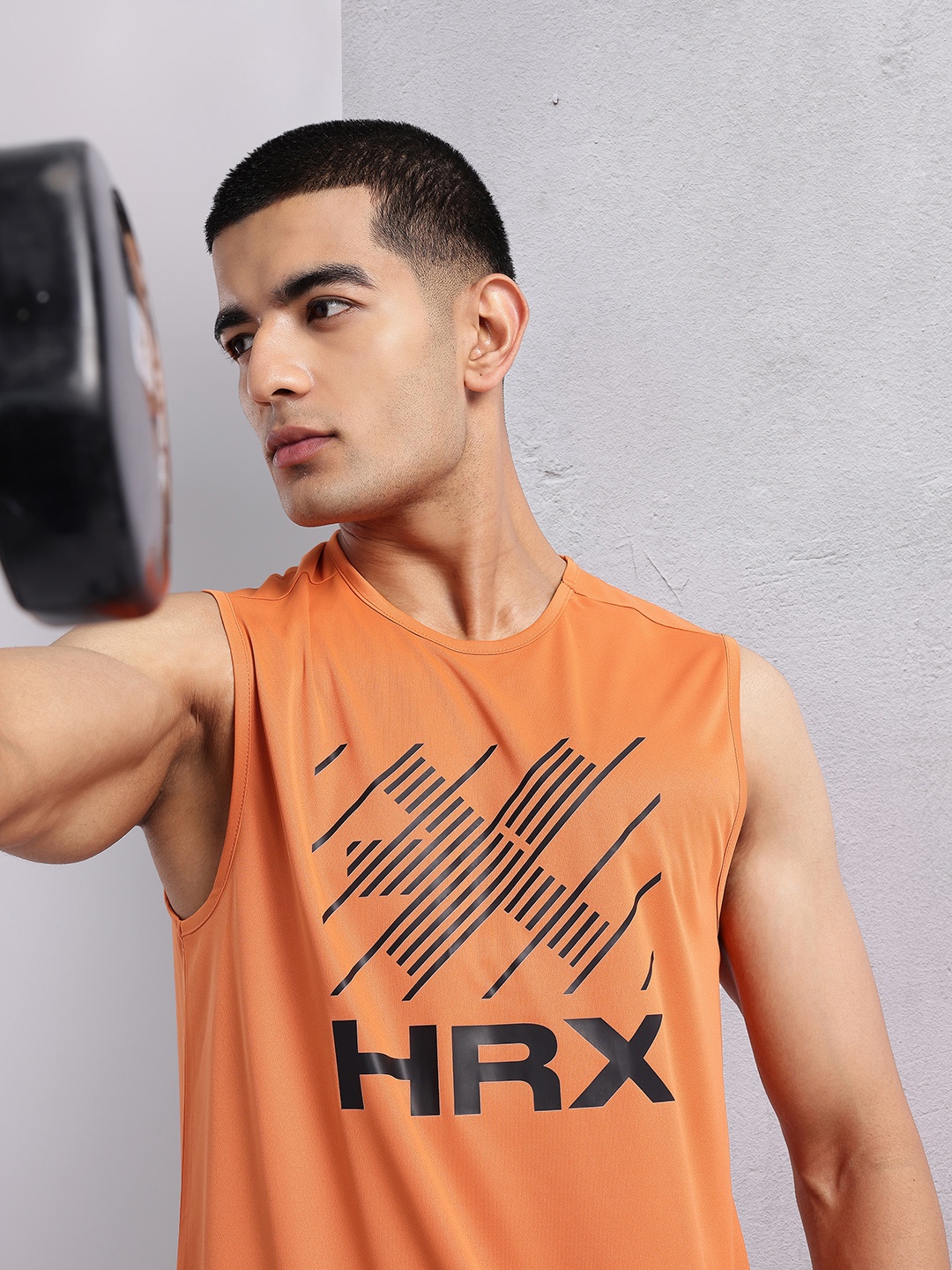 

HRX by Hrithik Roshan Brand Logo Printed Sleeveless Rapid-Dry Training T-shirt, Rust
