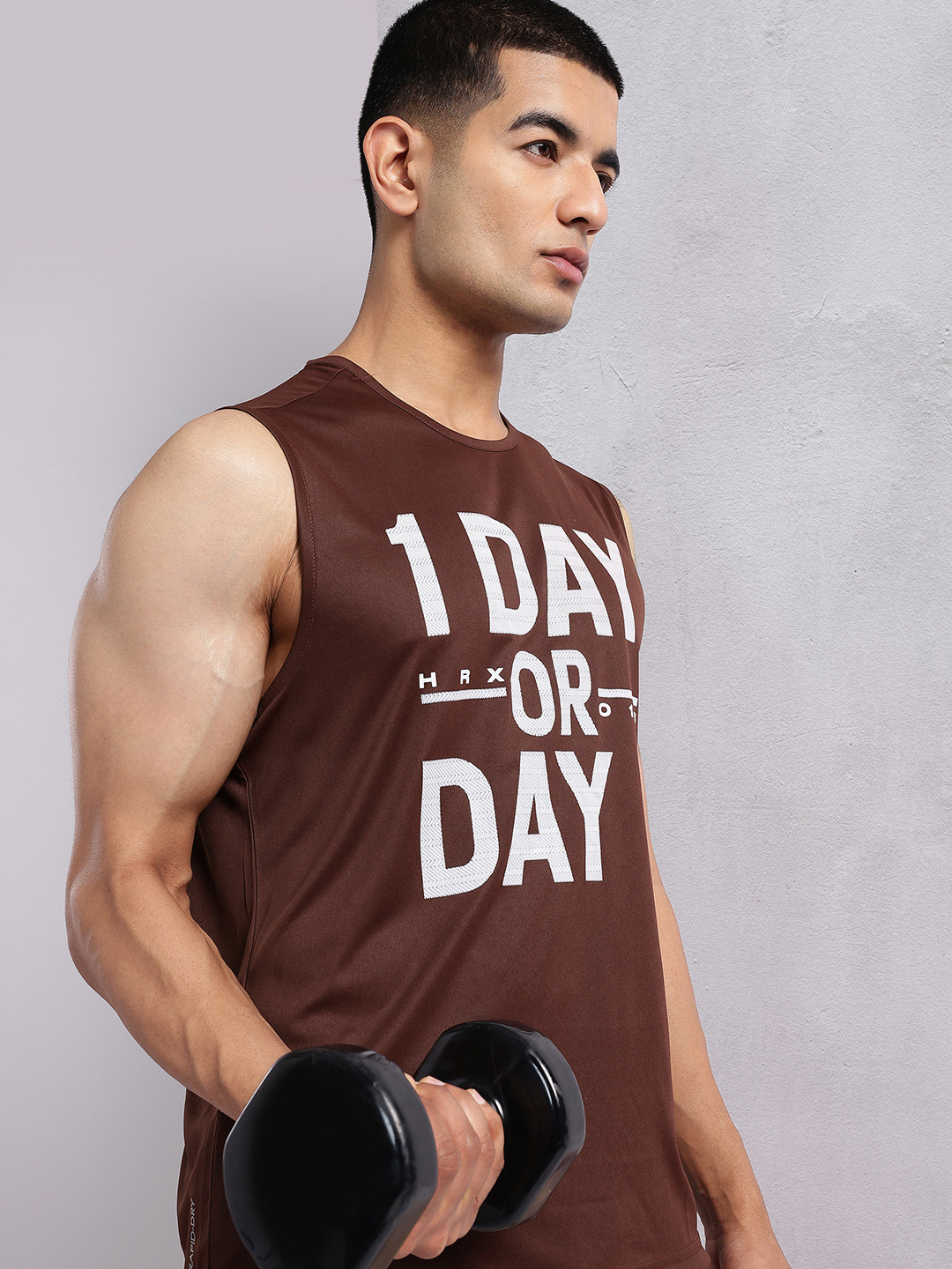 

HRX by Hrithik Roshan Sleeveless Typography Printed Rapid-Dry Training T-shirt, Brown