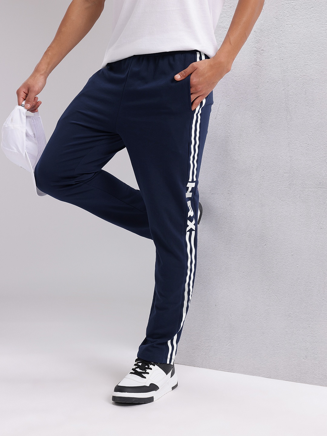 

HRX by Hrithik Roshan Men Contrast Stripes Lifestyle Track Pants, Navy blue