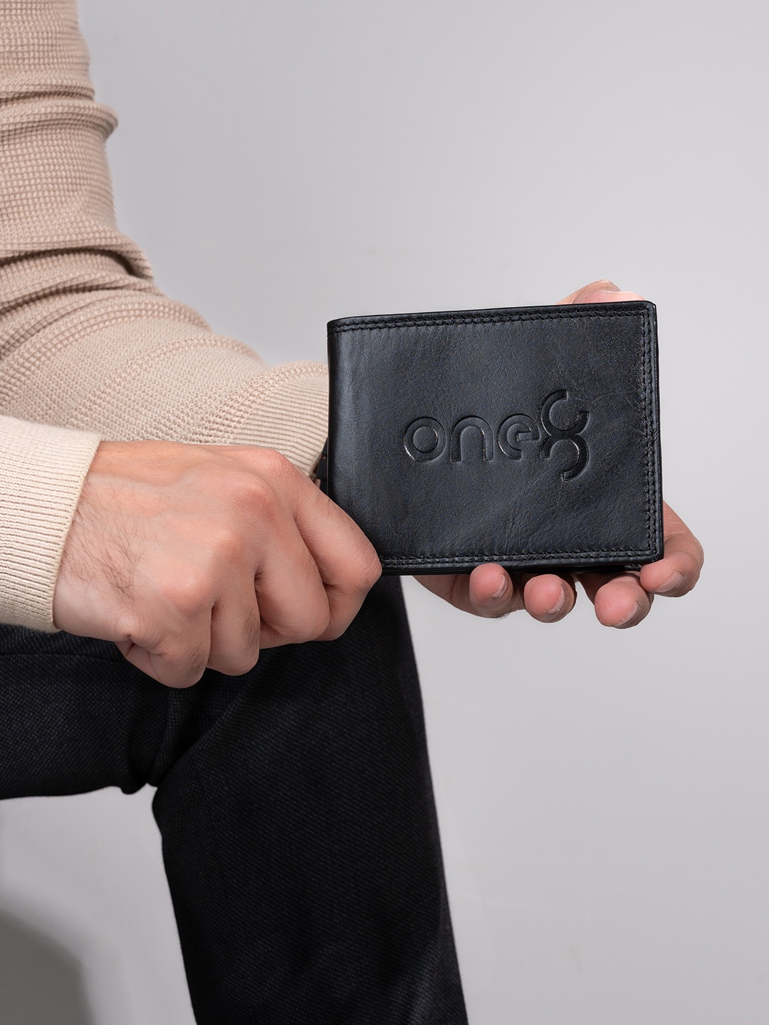 One8 Men Typography Textured Leather Two Fold Wallet, Black