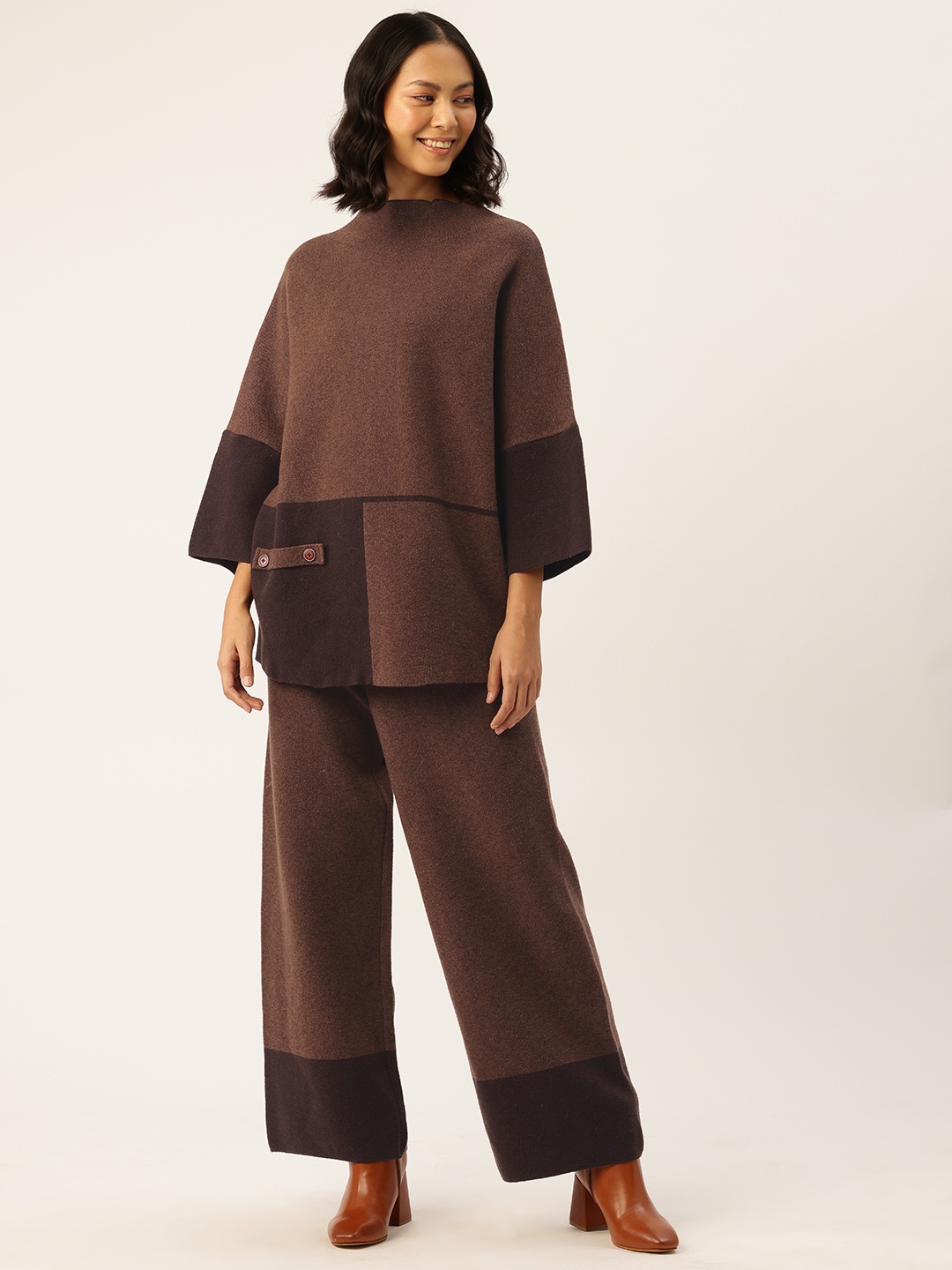 

APSLEY Colourblocked Extended Sleeves Pullover Sweater & Trousers, Coffee brown