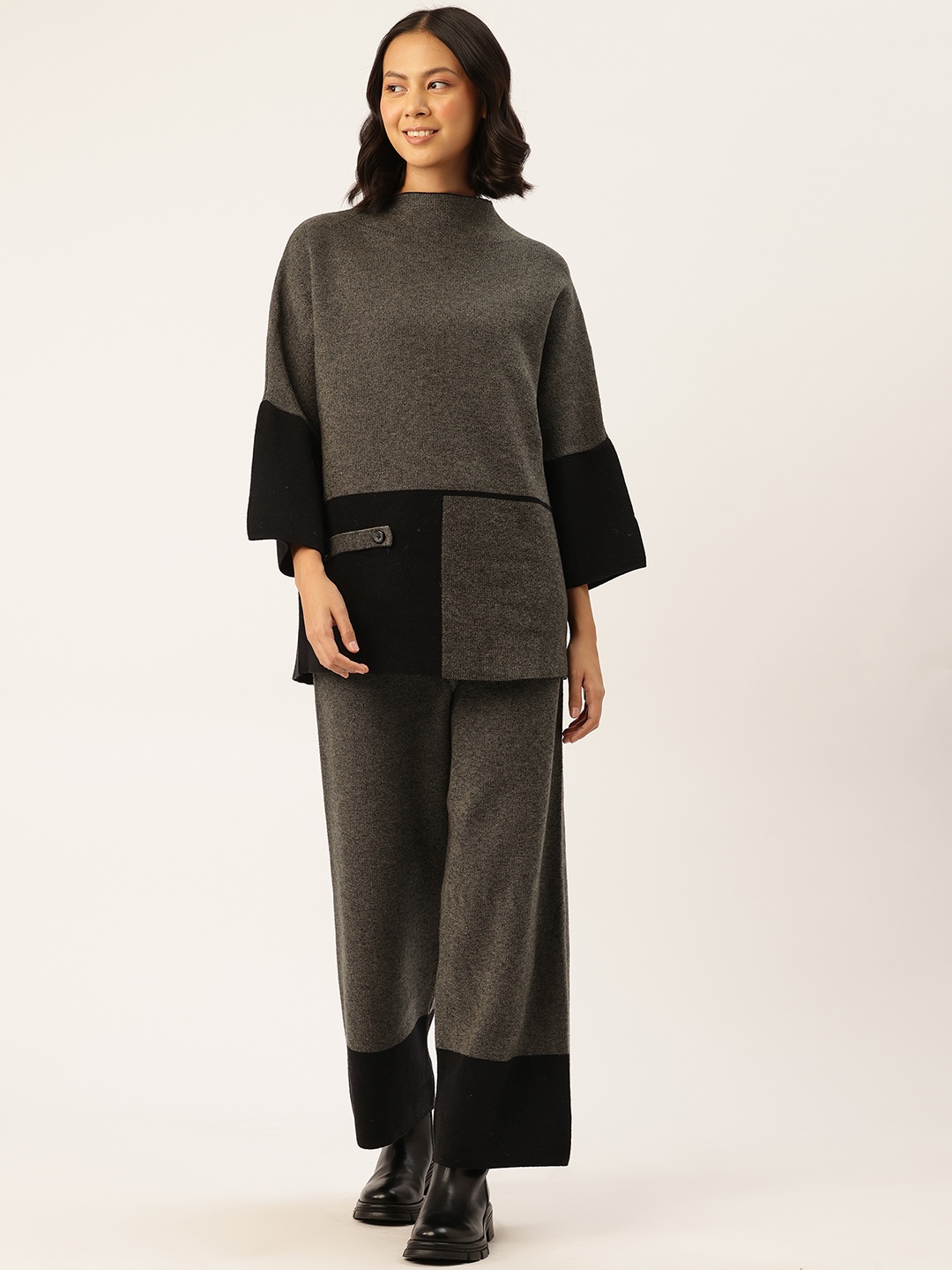 

APSLEY Colourblocked Extended Sleeves Pullover Sweater & Trousers, Grey