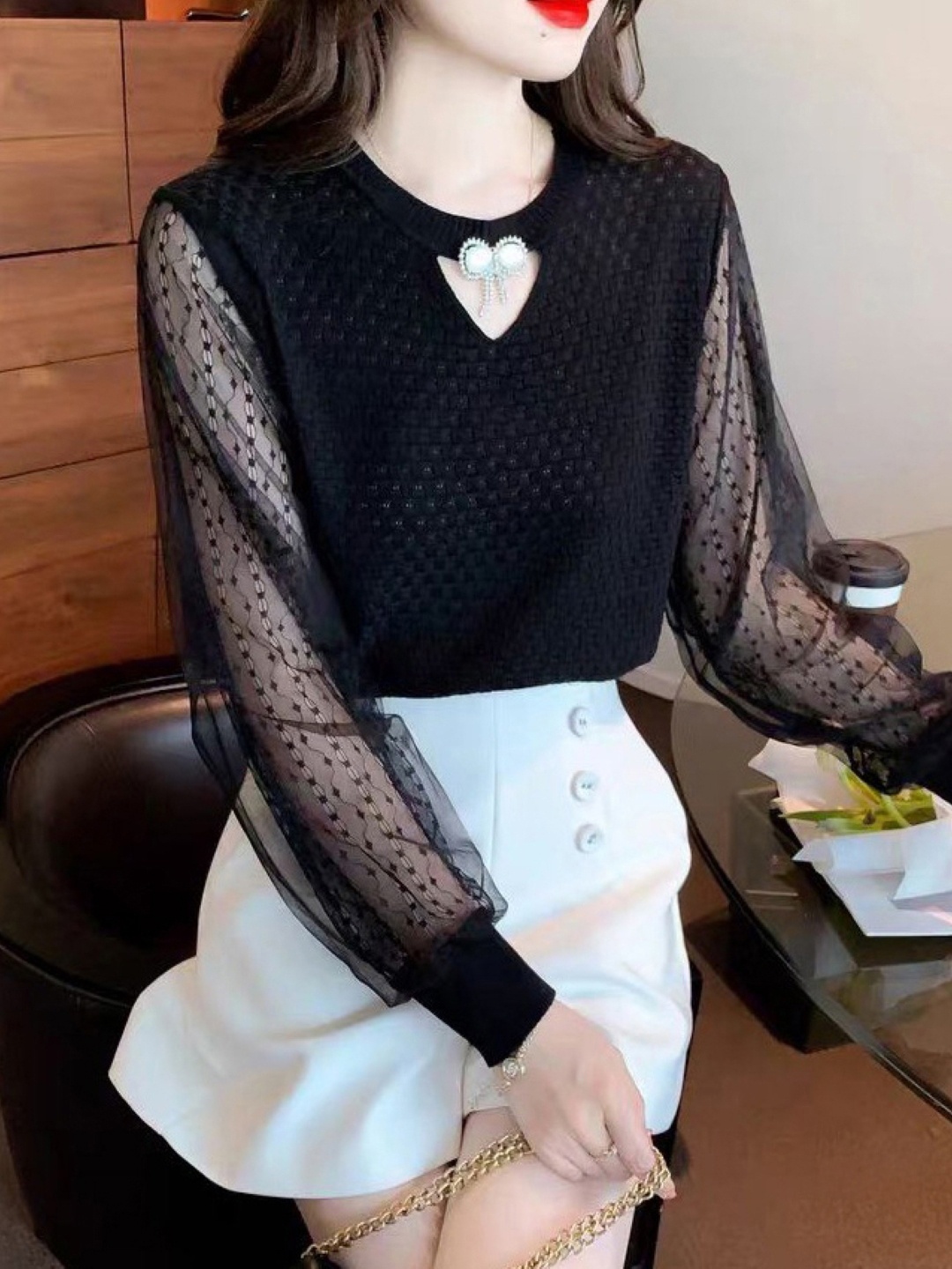 

StyleCast Women Round Neck Puff Sleeve Top, Black