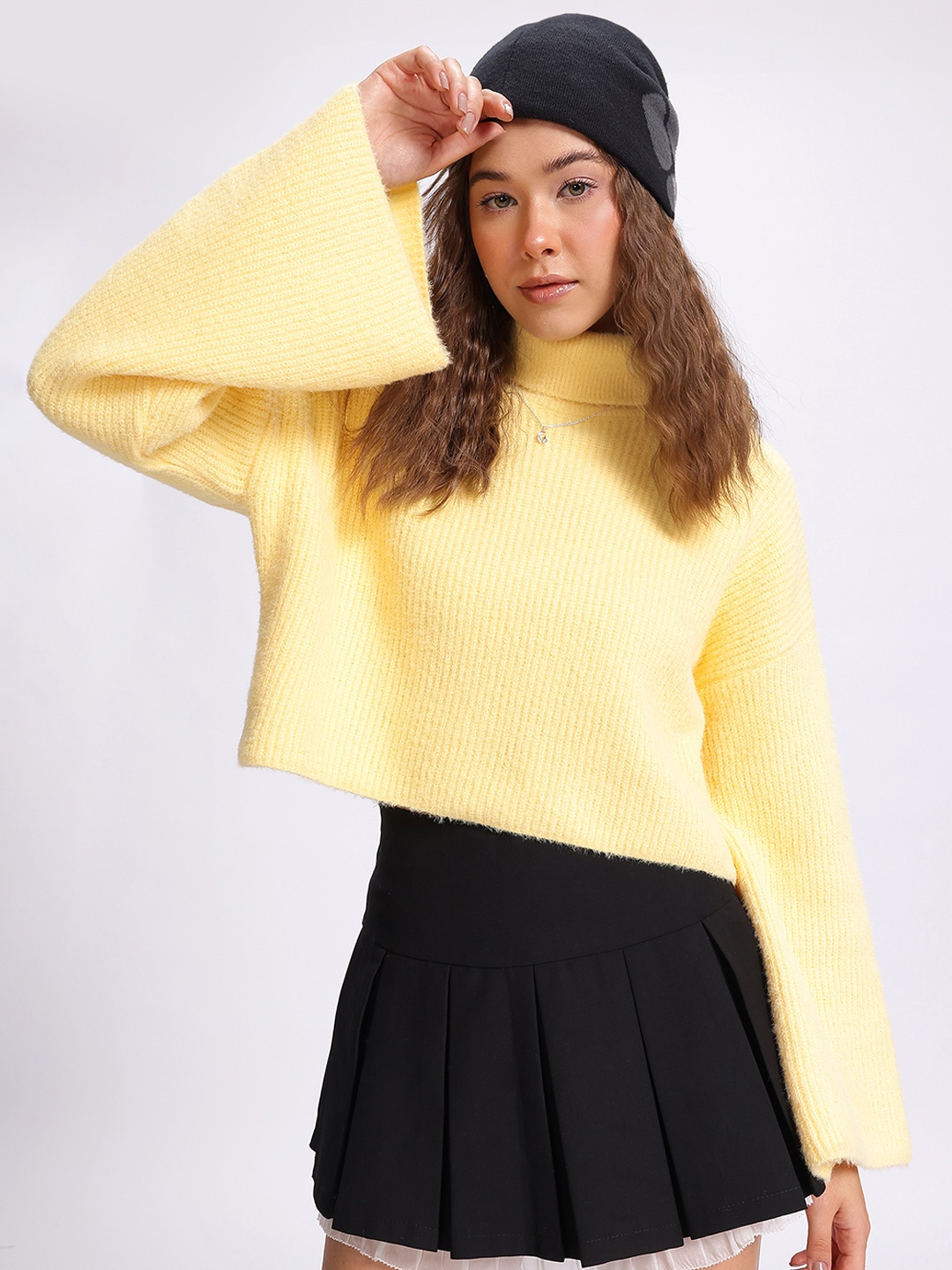 

glitchez Comfy & Cool Crew Turtle Neck Ribbed Drop-Shoulder Pullover, Yellow