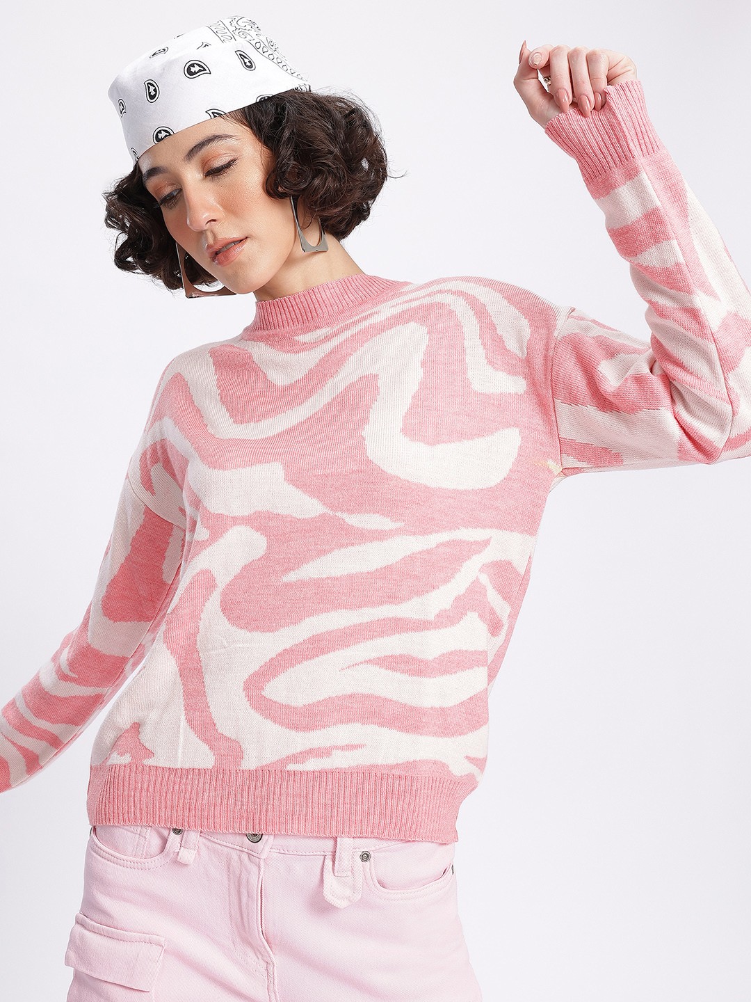 

glitchez Elevated Essentials Self-Design Acrylic Drop-Shoulder Pullover, Pink