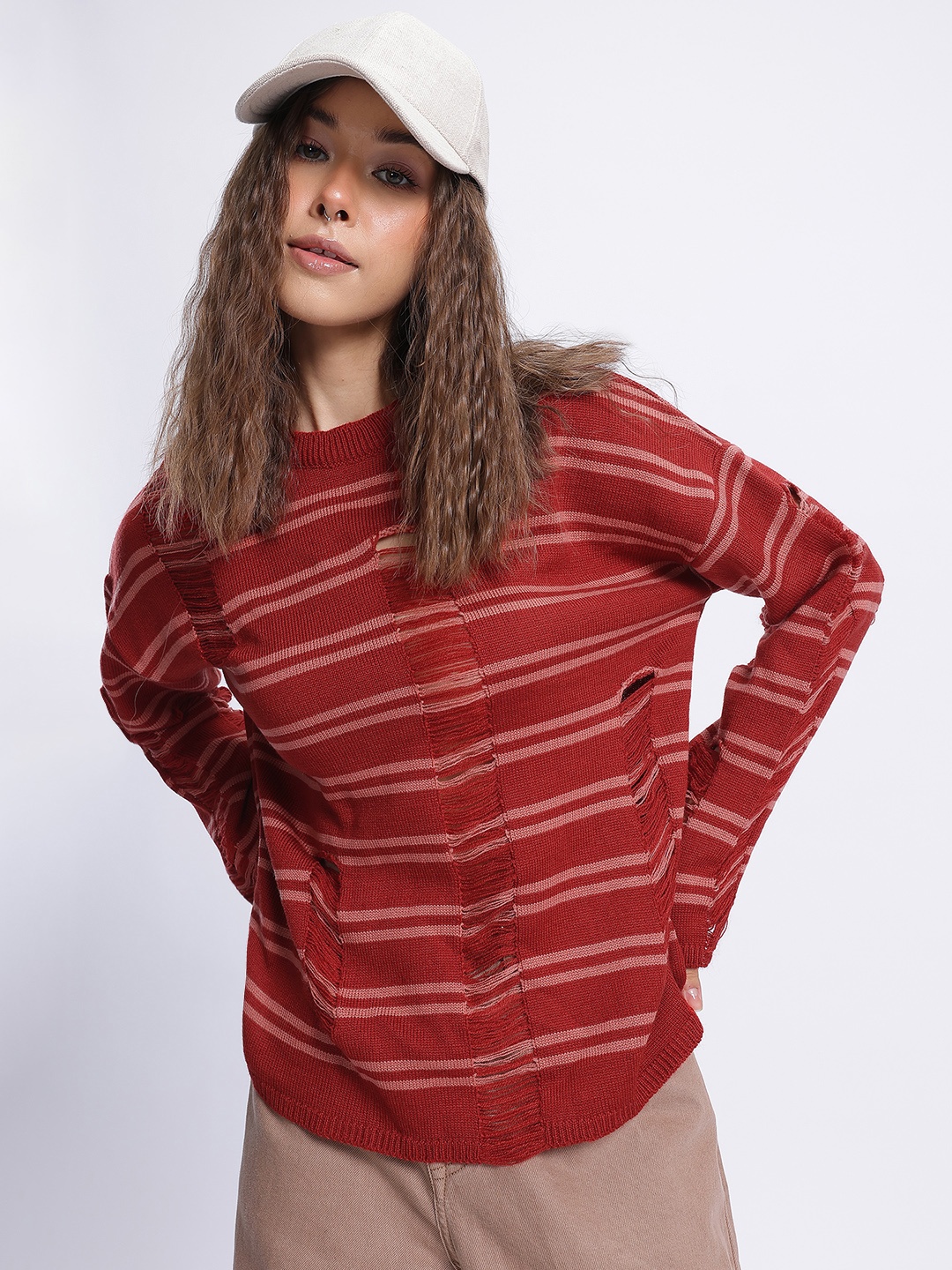 

glitchez Knit Dreams Striped Longline Pullover, Rust