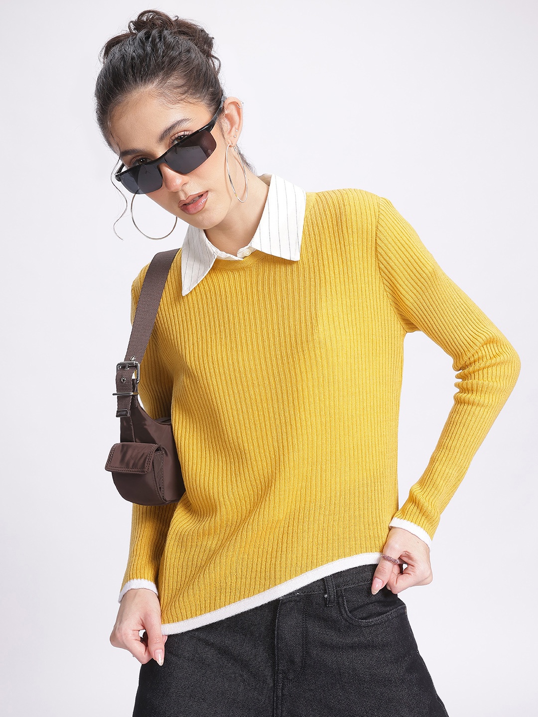 

glitchez Ribbed Elegance Acrylic Pullover, Yellow
