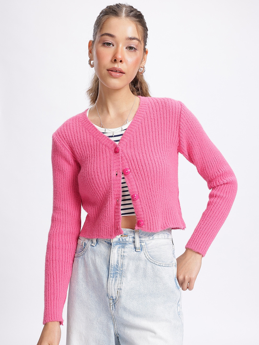 

glitchez Effortless Ease V-Neck Ribbed Fuzzy Cropped Cardigan, Pink