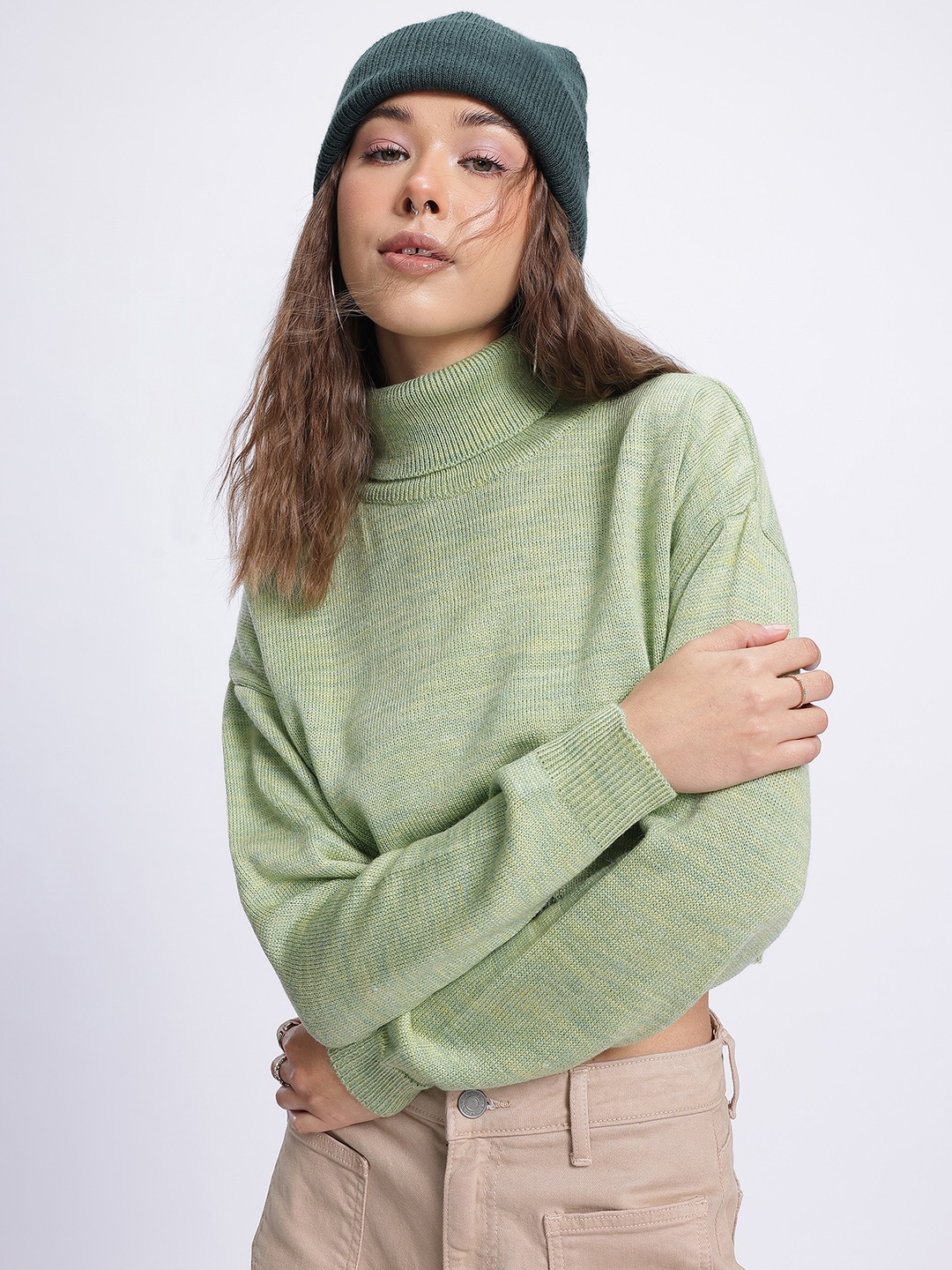 

glitchez Fall Finesse Turtleneck Crop Pullover, Green