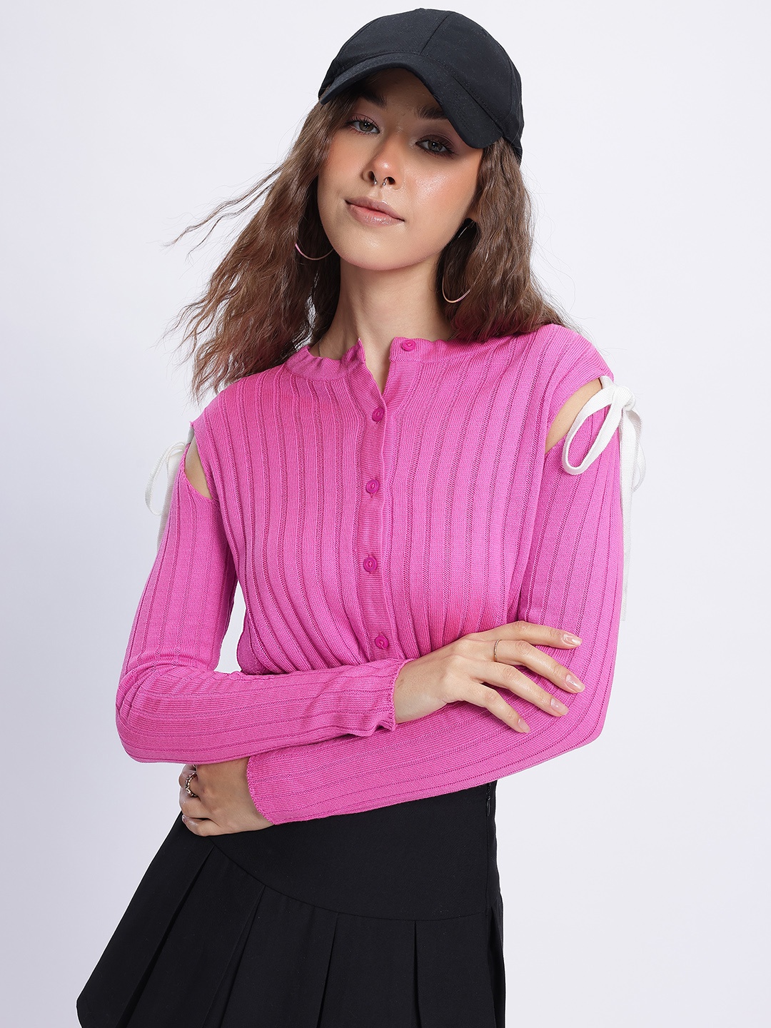 

glitchez Edgy Ribbed Cut Out & Tie-Up Detail Ribbed Cardigan, Fuchsia