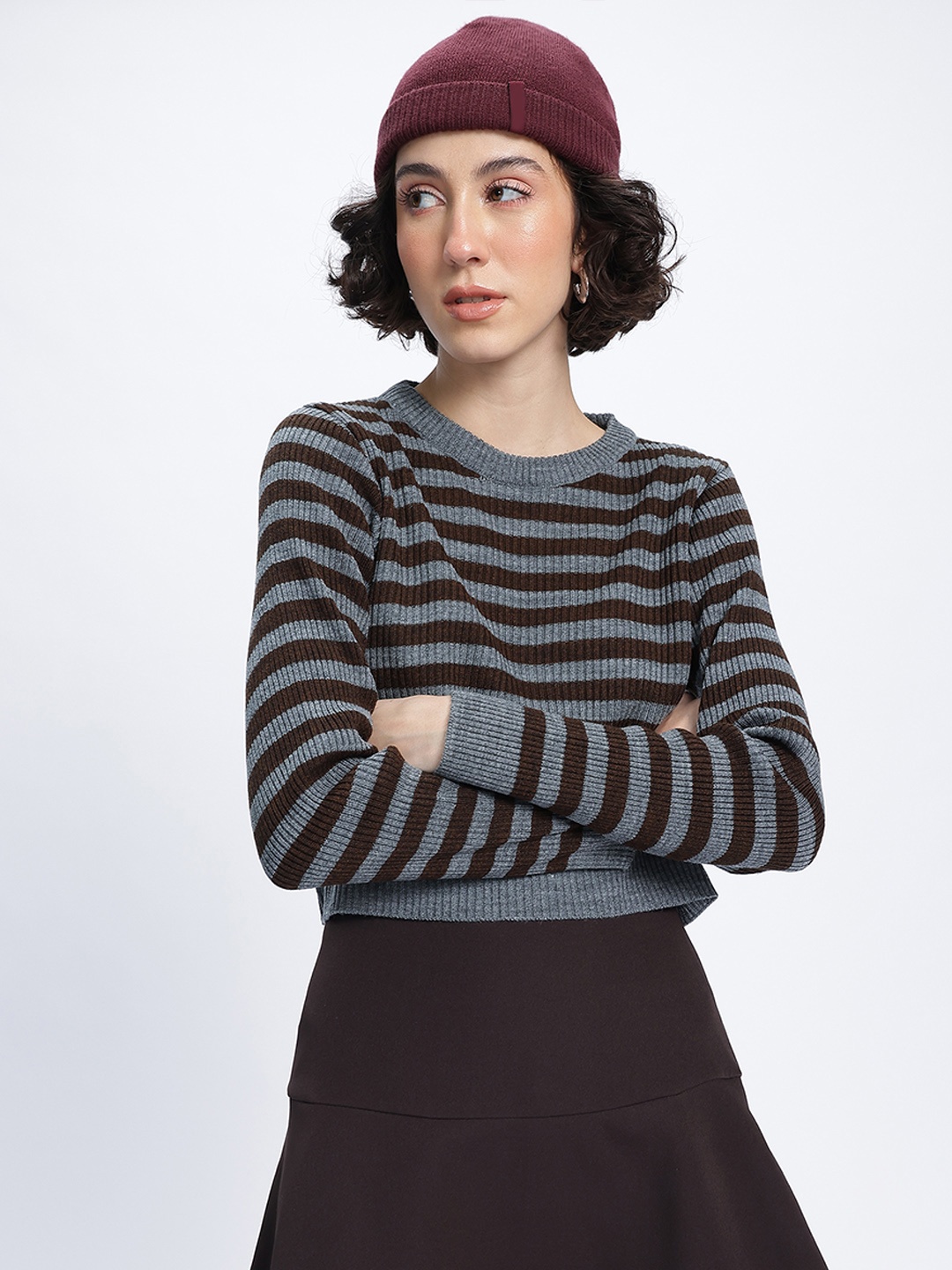 

glitchez Striped Chic Ribbed Acrylic Pullover, Grey