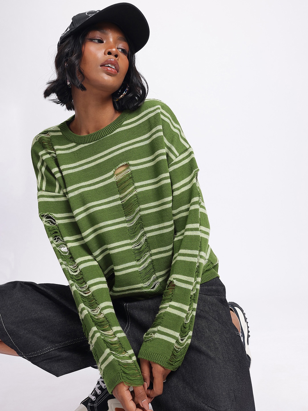 

glitchez Frayed Bae Striped Drop-Shoulder Pullover, Green