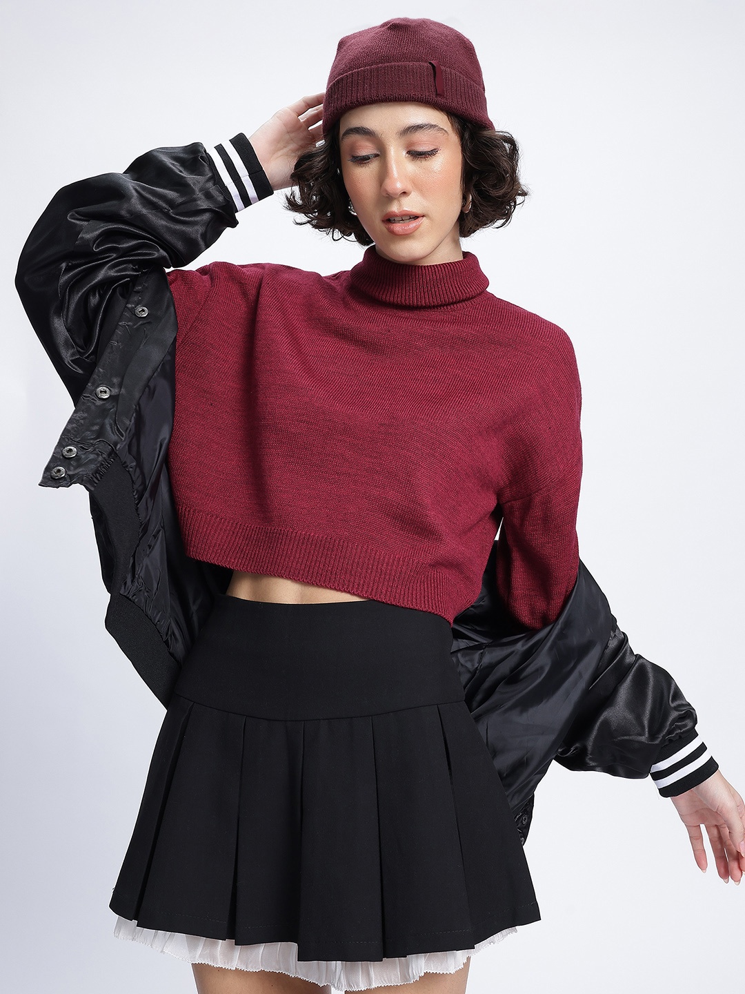 

glitchez Turtleneck Charm Drop-Shoulder Sleeves Acrylic Crop Pullover, Magenta