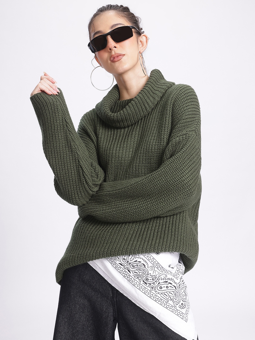 

glitchez Twisted Threads Cowl Neck Drop-Shoulder Sleeves Acrylic Pullover, Green