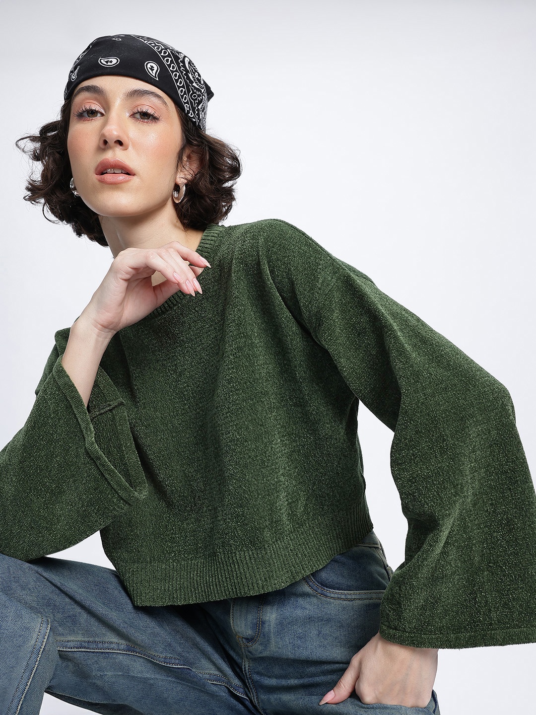 

glitchez Retro Sleeves Drop-Shoulder Crop Pullover, Green
