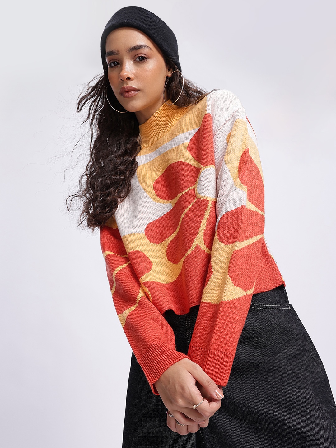 

glitchez Floral Muse Drop-Shoulder Sleeve High Neck Pullover, Rust