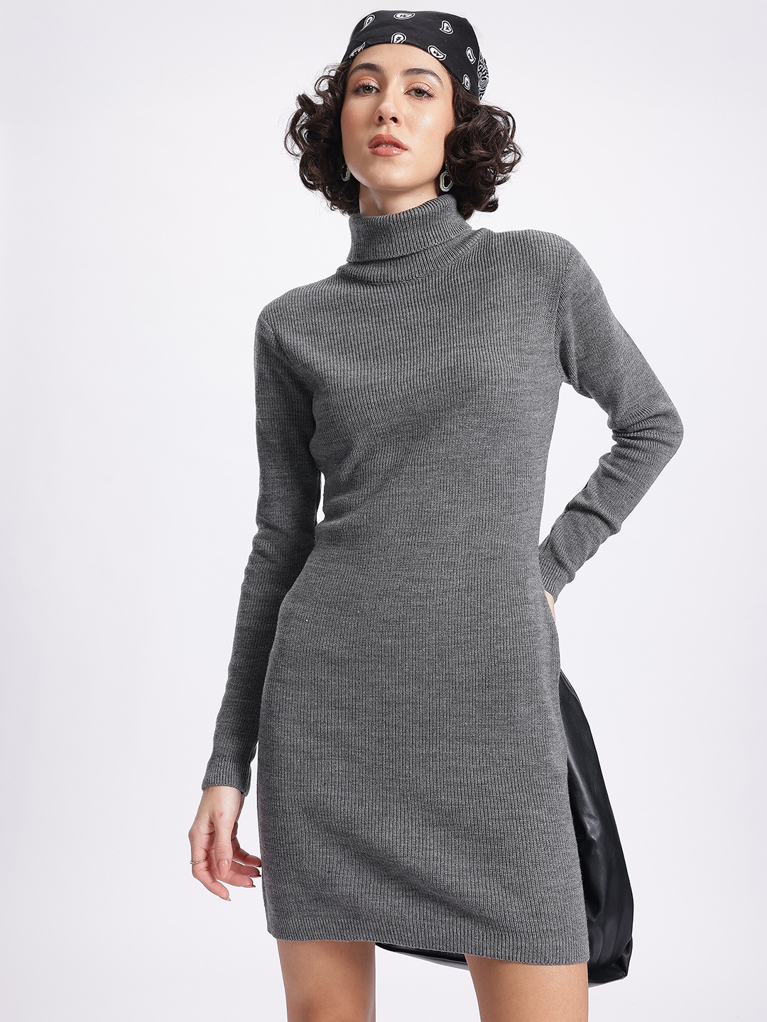 

glitchez Knit Luxe Rib Knit Turtle Neck Sweater Dress, Grey