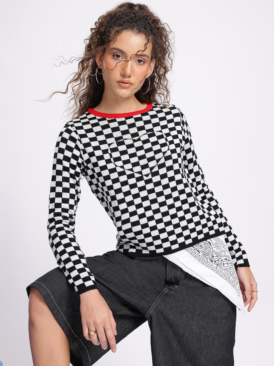 

glitchez Bubbly Knit Checked Pullover, Black