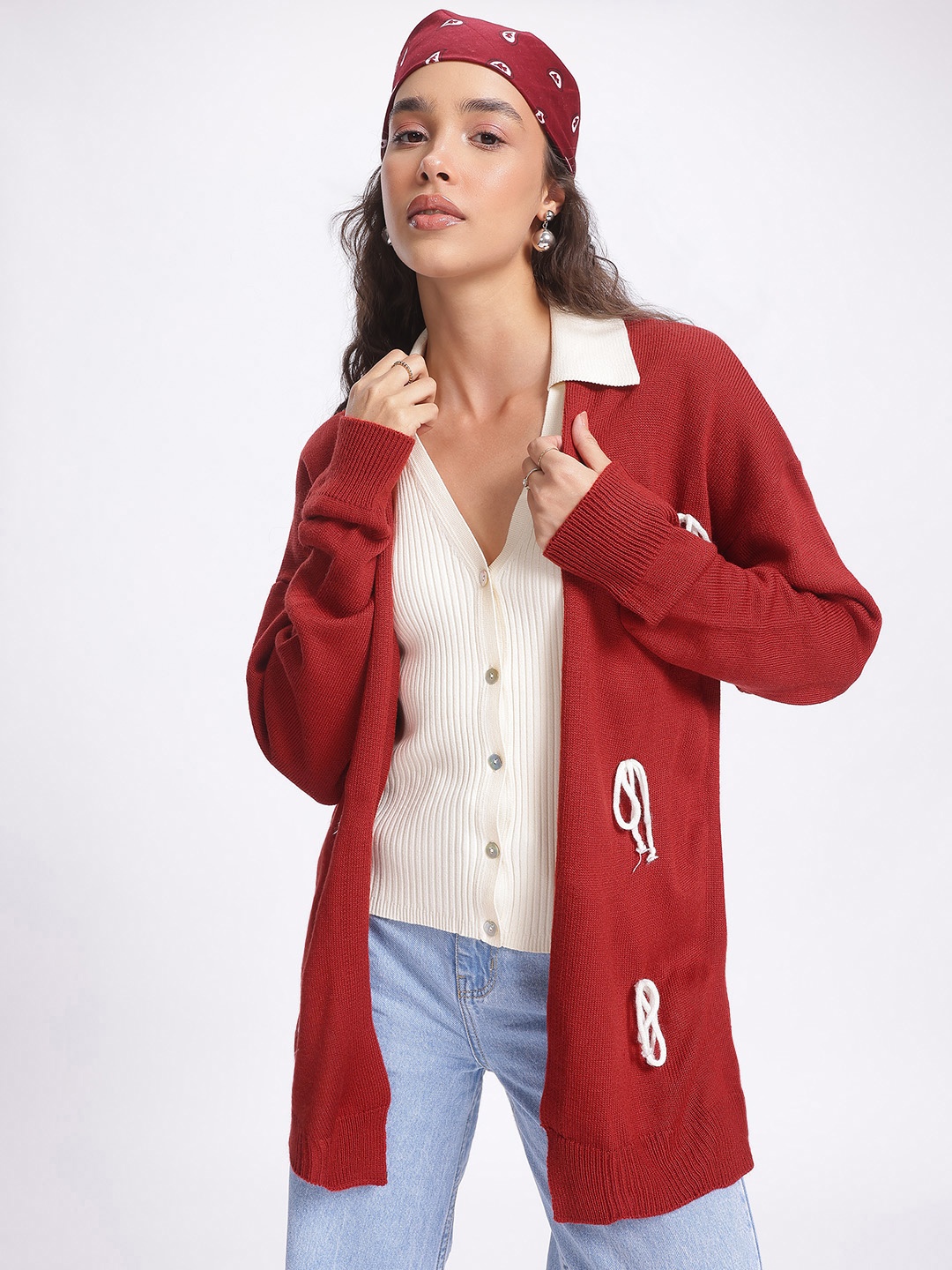 

glitchez Elevated Essentials Lace-Up Detail Longline Front-Open Sweater, Red