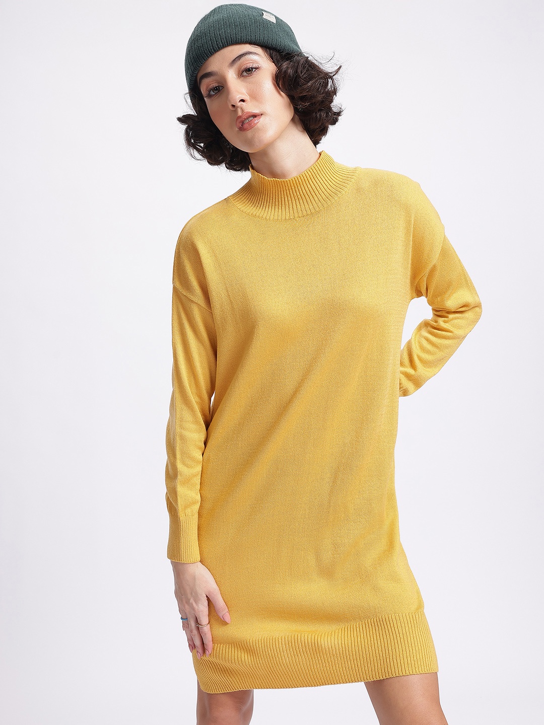 

glitchez Chill in Style Drop-Shoulder High-Neck Knitted Winter Dress, Yellow