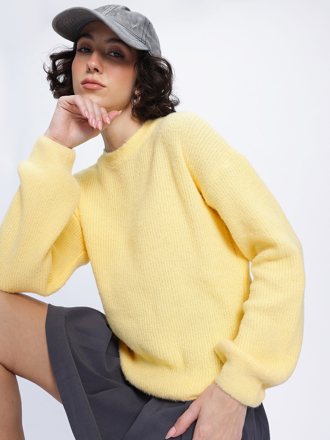 

glitchez Cozy Crafted Ribbed Fuzzy Drop-Shoulder Pullover, Yellow