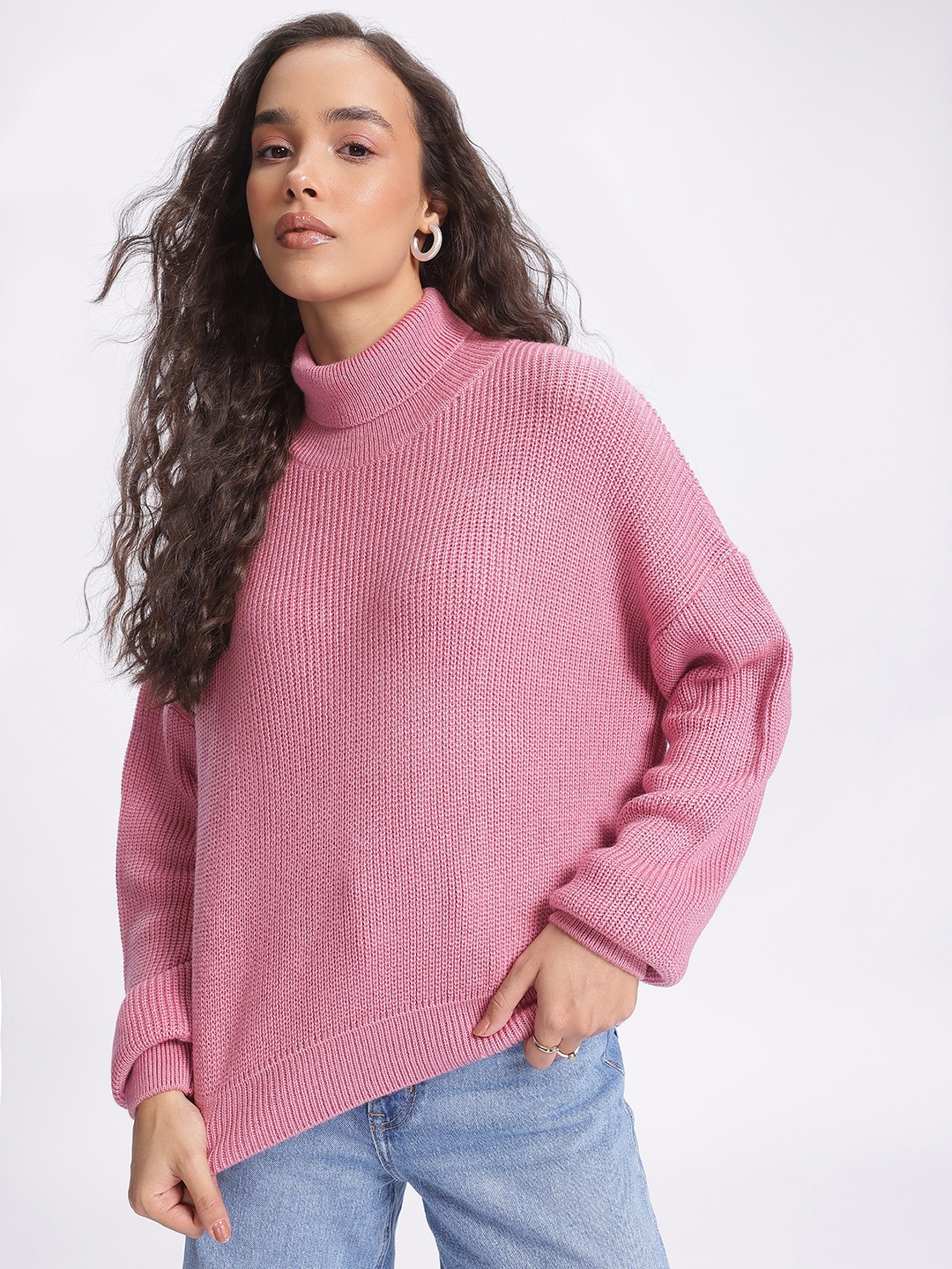 

glitchez Cable Luxe Turtle Neck Drop-Shoulder Sleeves Acrylic Pullover, Rose