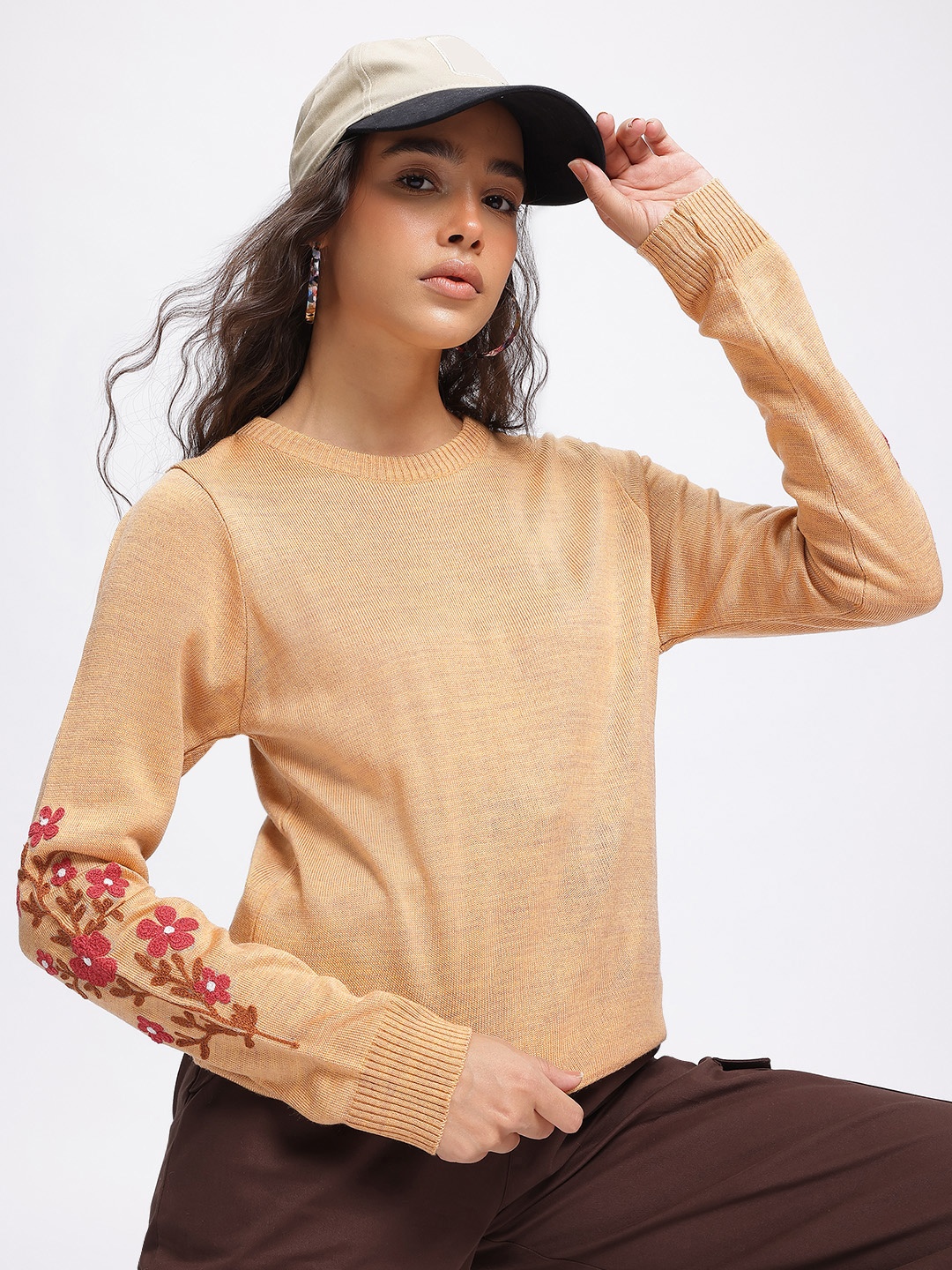 

glitchez Artistic Floral Embroidered Detail Pullover, Beige