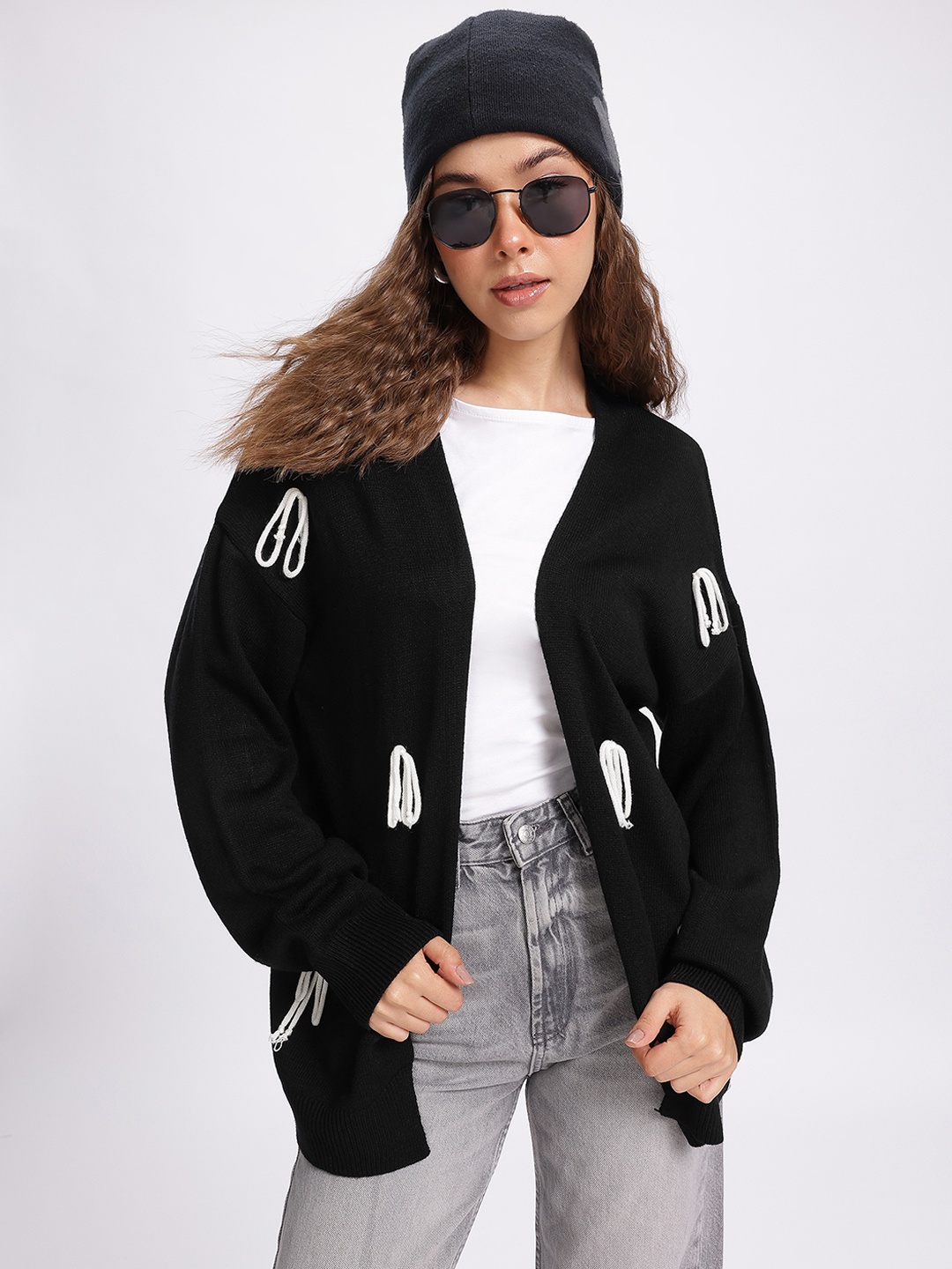 

glitchez Chill Knot Detail Longline Front Open Sweater, Black