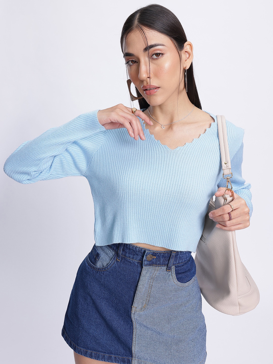 

glitchez Floral Embroidered V-Neck Pullover, Blue