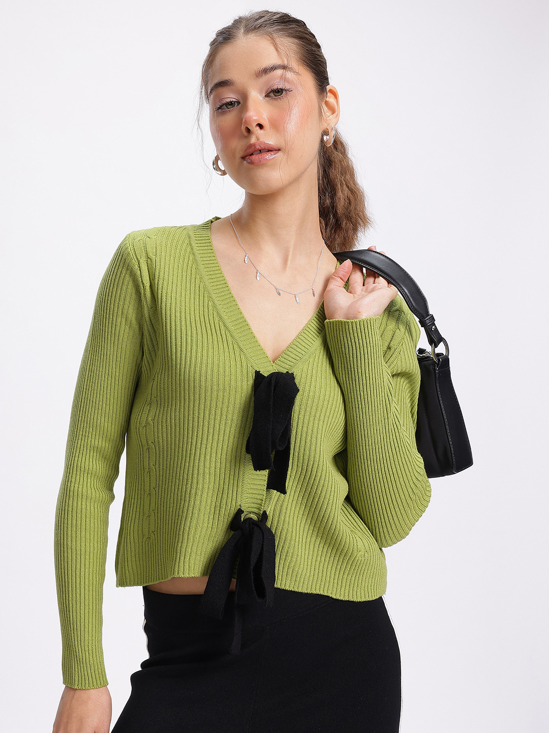 

glitchez Comfy Cloud V-Neck Ribbed Tie-Up Cardigan, Green
