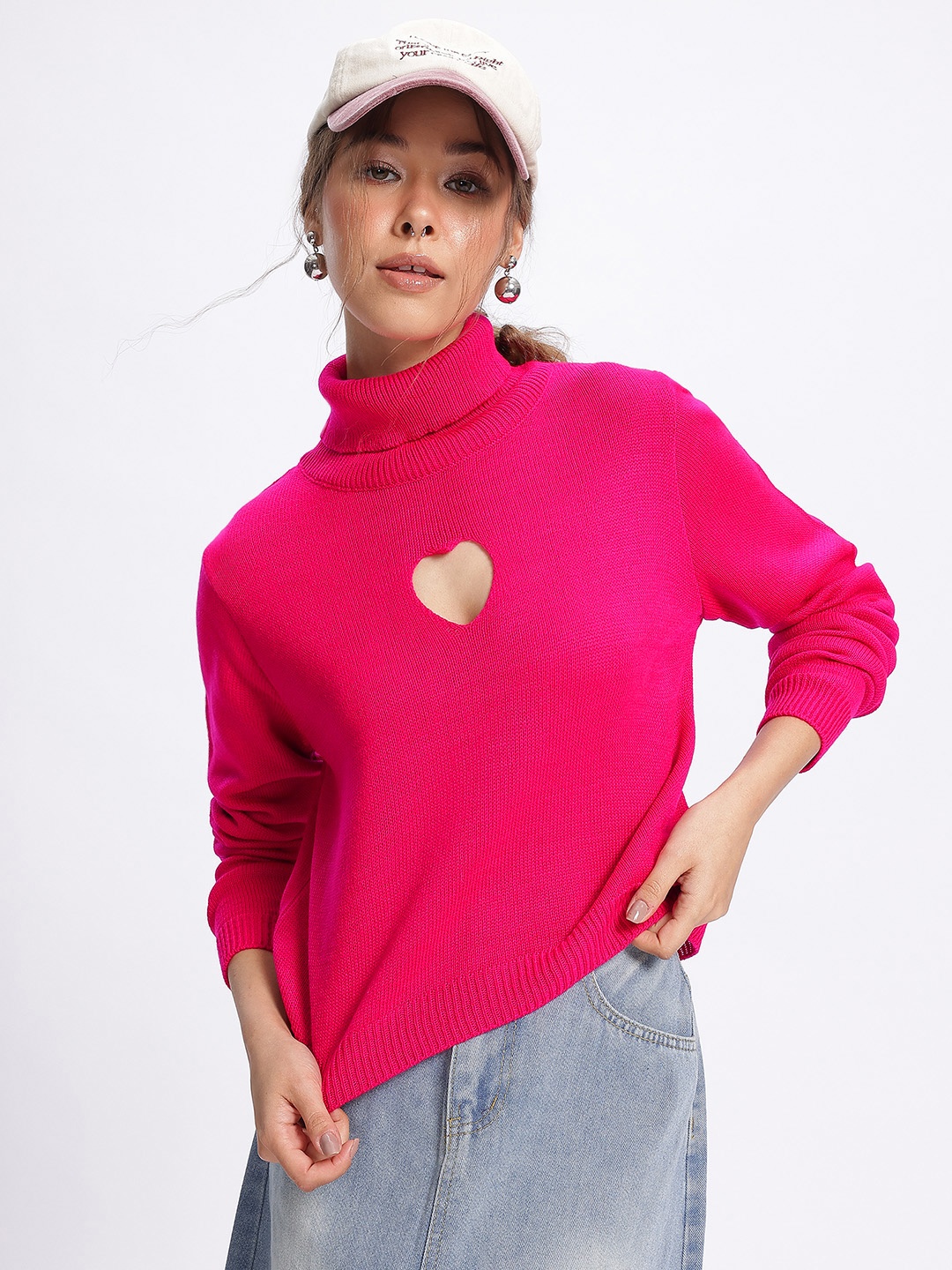 glitchez Cut-Out Couture Turtleneck Pullover, Fuchsia