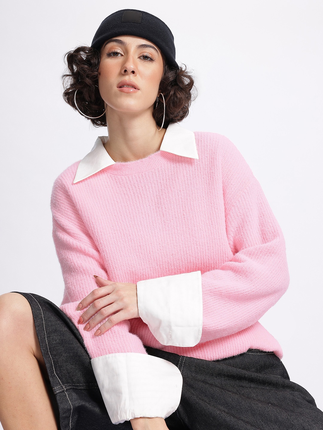

glitchez Lazy Luxe Ribbed Acrylic Drop-Shoulder Pullover, Pink