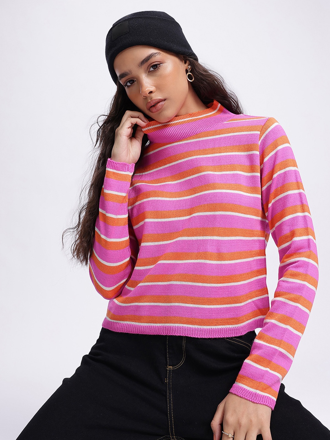 

glitchez Striped Stride Multi-Striped Pullover, Fuchsia