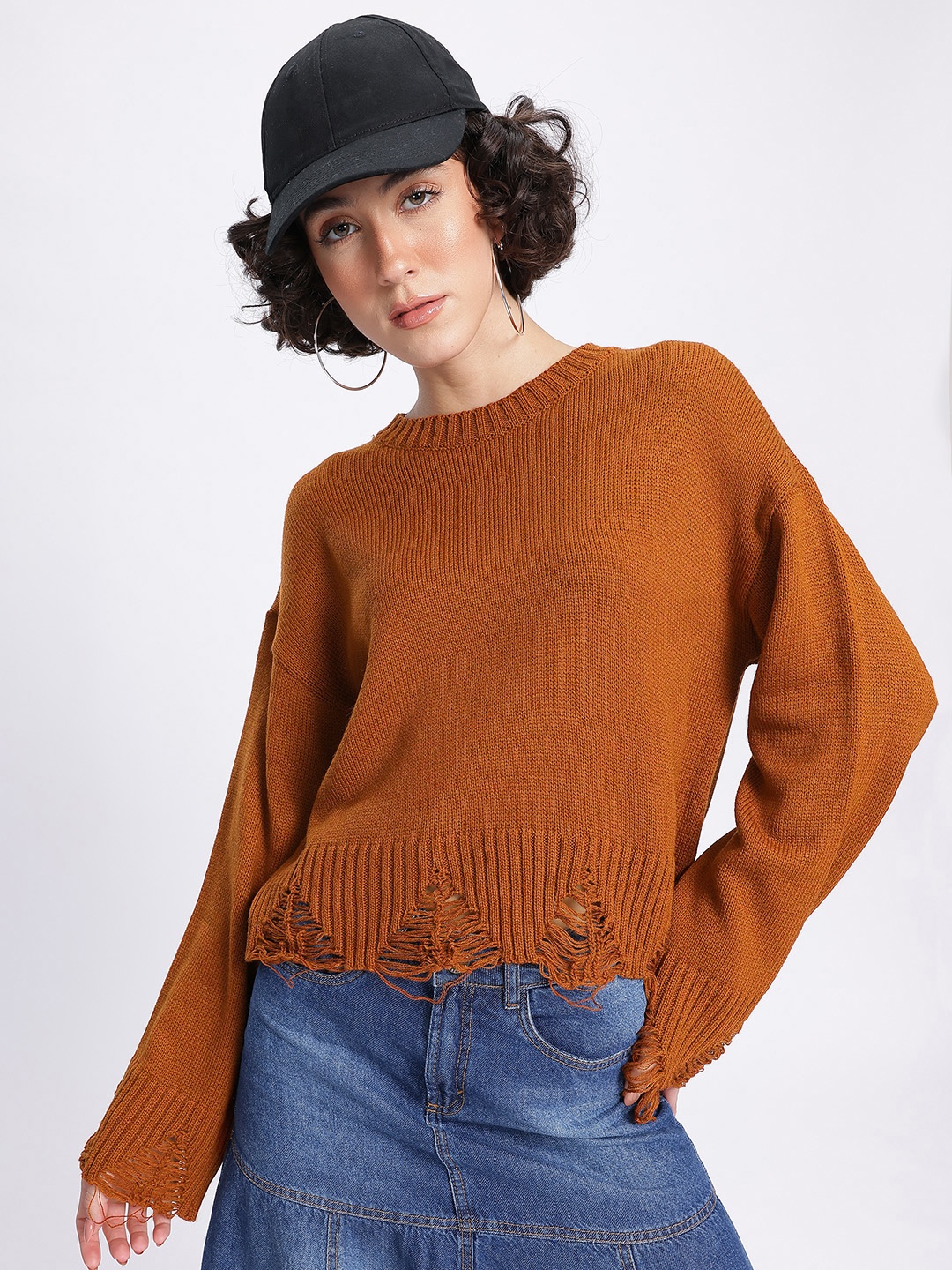 

glitchez Relaxed Rebel Distressed Detail Acrylic Drop-Shoulder Pullover, Rust